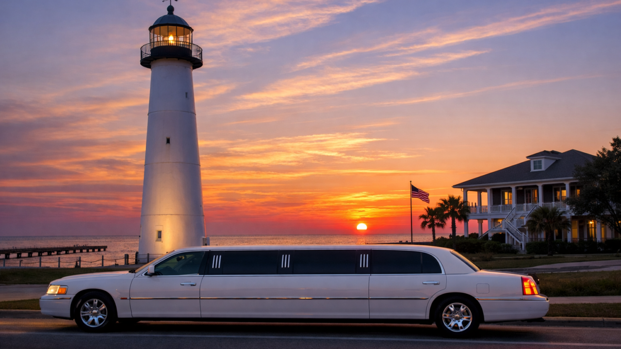 Lighthouse Limo Service, white limo White Limo at Biloxi Lighthouse